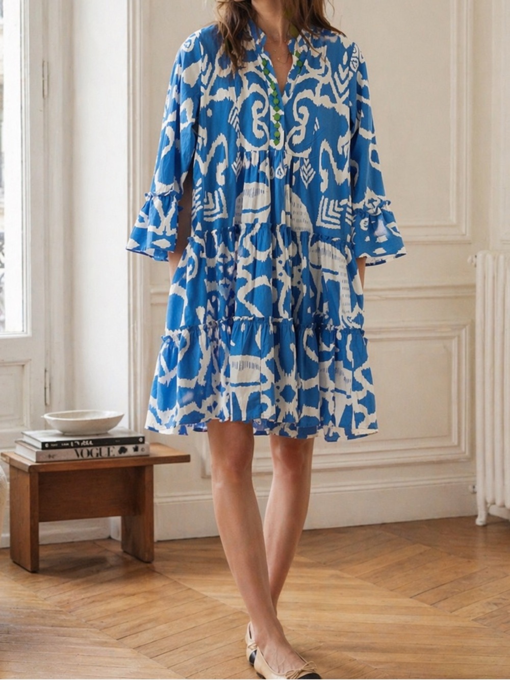 Sheridan French Blue & White Printed Boho Tiered Flowy Resort Beach Mini Dress